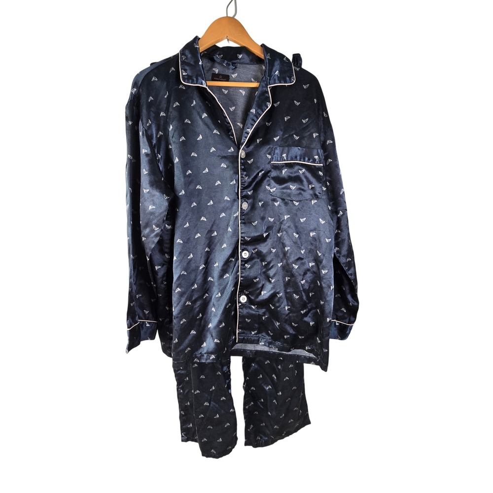 Noble Mount‎ Mens Pajama Set Navy Blue Sailboat Print Satin Sleepwear Large